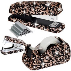 Multibey 라인스톤 데스크탑 오거나이저 세트 블링 스테이플러 및 테이프 디스펜서 세트 - 25장 용량 스테이플 리무버 1000개 반짝이는 사무용품 여성 여아용 선물, 블랙 골드