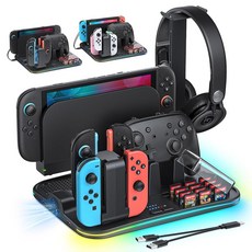 [스위치 2 / 1 호환] 스위치 OLED용 패스트스네일 충전 도크 오가인저 스테이션 냉각 팬 조이콘 1용 저장 스탠드 12 카드 슬롯 컨트롤러 셋 홀더 9 RGB 모드, For Switch 2/1, Bla