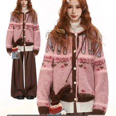 粉色費爾島毛衣開衫外套女秋冬季復古慵懶風加厚針織衫外穿