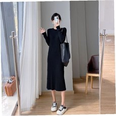 골지 라운드넥 긴 니트 원피스 여성 루즈 편안한 실루엣 홈웨어 임산부 데일리