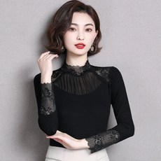 A BORN 어본 레이스 긴팔 아름다운블라우스 탄력좋은 라인댄스티 라틴여성댄스복상의, 블랙