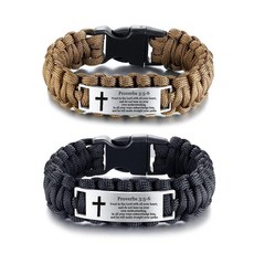 ECLATIS LiFashiON 온 LF 남성 스테인리스 스틸 성경 구절 디자인 팔찌 야외 로프 파라코드 생존 그리스도 십자가 인용구 커프 뱅글 아빠 남편 남자친구 아들을, (속담 3 5-6) 스테인리스 스틸, 블랙+브라운