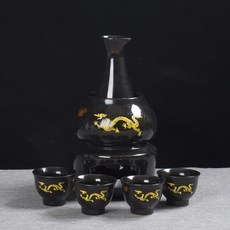 도쿠리워머 세트 사케 술잔 워머 데우기 세트 M 정종, Z. 4 컵과 4 뿔이 달린 검은 금색 용 촛대 펭귄