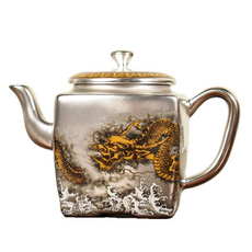 銀茶壺999純銀粉鎏銀泡茶壺金龍賜福家用功夫茶具送父母長輩禮品, 1個, 1L, 鎏銀-金龍賜福茶壺-安全裝:101mL(含)-200mL(含)