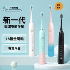 電動牙刷軟毛充電款全自動金屬軸18檔電動牙刷衝牙器情侶款成人, 1個, 象牙白,【配4支刷頭】
