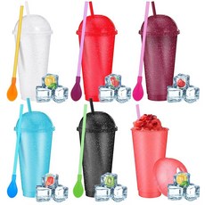 Ninehaoou 돔 뚜껑과 빨대가 있는 슬러시 컵 6세트 탈착식 스푼 빨대 재사용 가능한 플라스틱 아이스 커피 스무디 텀블러 생일 여름 파티 용품(라이트 색상 709., 24온스, 어두운 색상