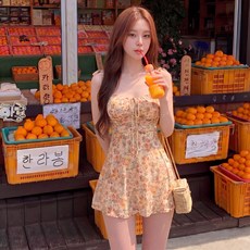 투니스 여성 플라워 슬림핏 민소매 스트랩 미니 원피스 브라 패드 포함