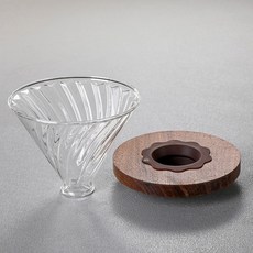 해피유통 커피 필터 드리퍼 유리 필터 컵 심플 디자인 가정용 사무실용 핸드드립 커피 기구, 블랙 호두 홀더(실리콘 포함) + 대형 오른쪽 나선형
