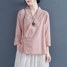 POMTOR 여성 봄 가을 한복 스타일 전통 디자인 브이넥 긴팔 블라우스