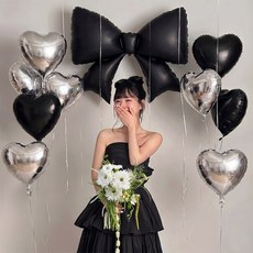블링살롱 키치 왕 리본 하트 풍선 6P 파티 세트 생일 홈스냅 촬영소품, 1세트, 블랙+실버