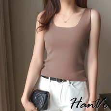 HanVo 素色薄款大U領針織背心 - 性感修身顯瘦百搭韓系女生衣著