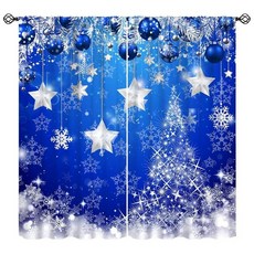 SHElifestyle 아동용 메리 크리스마스 커튼 글리터 눈송이 창문 트리트먼트 거실 침실 주방 휴일 파티 장식 블루 새해 드레이프 W42XL45(장식)