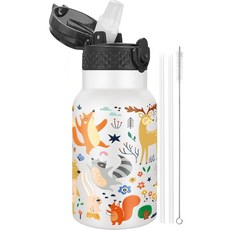 *啵比小舖*美國Han's Bottle 兒童吸管不鏽鋼保溫杯、保溫瓶, 1個, Forest Animals, 白色, 12 oz(約 350 ml)