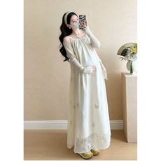 임부 롱 원피스 세트 봄 가을 임산부 프렌치 나비 자수 드레스 + 가디건 세트 캐주얼 임부복 YXF