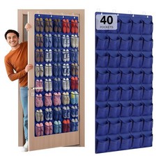 40개의 대형 메시 포켓 오버 더 도어 신발 오거나이저 도어용 걸이식 신발장 Hualleko 신발 정리함 행거 대용량 신발 보관 홀더 튼튼한 부직포 원단 - 20쌍 보관, 네이비 블루