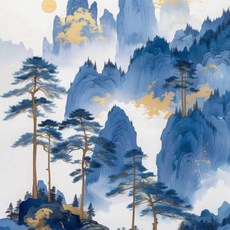 풍경화 블루 마운틴 나무 숲 소나무 사원 금빛 태양 포스터 캔버스 그림 인쇄, 11. 12