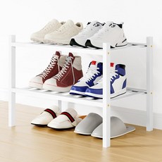 Smiry 신발장 3단 두께의 긴 대나무 신발 오거나이저 쌓을 수 있는 프리 스탠딩 목재 신발 보관 선반 옷장 입구 현관 입구용 블랙, 2-화이트, 2 Tier - Small