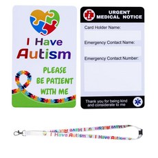 자폐증 경고 카드 2세트 ADHD 인식 자폐증 비상 접촉 카드 자폐증 랜야드 포함 방수 카드 홀더 포켓 인서트 PVC, 화이트 하트 카드 2개