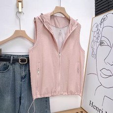 여성용 빅사이즈 루즈핏 후드 바람막이 베스트 포켓 집업 민소매 자외선 차단 조끼