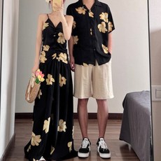 커플 시밀러룩 티셔츠 휴양지 신혼여행 긴팔 하와이안 바캉스 드레스 반팔 패밀리룩 웨딩촬영 원피스