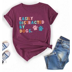 귀여운 강아지 발 강아지에게 쉽게 주의가 산만해지는 여성용 티셔츠 (미국 알파 XX-라지 일반 일반 빨간색), 레드