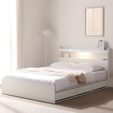 [국내제작/지정일배송] 바로방가구 샤인 LED 수납형 서랍형 슈퍼싱글 퀸 침대 프레임 ss q, 슈퍼싱글(SS)/3단서랍형(매트리스제외), 화이트