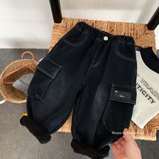 木野兒童鼕季加絨牛仔褲湖州織裏童裝男童韓版百搭加厚工裝休閒褲