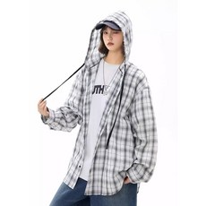 지고다그 남성 여성 여름 체크 패턴 후드 셔츠 자켓 스타일 루즈핏 캐주얼 아웃도어 룩 LJM1505