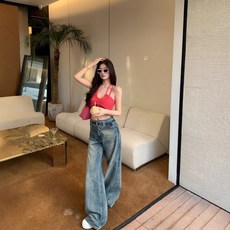 봄여름 디자인 와이드 벨트 스트레이트 하이웨이스트 와이드 레그 팬츠 여성용 레트로 캐주얼 다용도 청바지