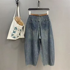 AURALA 여성 여름 9부 배기 청바지 빅사이즈 밴딩 배기청바지