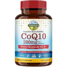Terranics CoQ10 200mg 코엔자임 Q10 보충제 흡수 향상을 위한 엑스트라 버진 올리브 오일 함유 미국산 심장 건강 지원 항산화 보호 에너지 생산 G, Terranics CoQ10 200mg, 코엔자임 Q1, 240정
