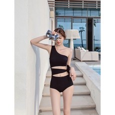 泳衣女黑色網紅分體比基尼顯瘦單肩繫帶ins風顯瘦修身 溫泉游泳裝, 26002黑色,XL（適合55.0-60.0公斤）