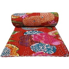 Rajasthaniartdecor Indian Reversible Kantha Quilt for Living Dorm Room Bed Cover Handmade Stitched, 킹 90x108 인치, 레드