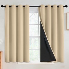 SimpleHome 침실용 100% 암막 커튼 단열 천연 그로밋 창문 드레이프 암막 커튼 거실용 블랙 뒷면 152.4 x 160cm(62 x 63인치) 패널 2개