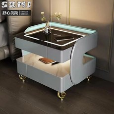 舒心美鏡 實木意式床頭櫃 智能無線充電床邊櫃 極簡風臥室床頭收納櫃, 姜黃色,燈【無線充電+USB+藍牙音響】, 1個