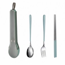 便攜式餐具組 湯匙 叉子 筷子 餐具盒, 【馬卡龍綠】湯叉筷+卡扣盒, 1套