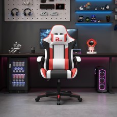 다기능 인체공학 게이밍의자 / 발판 포함 / 360도 회전 높이조절 / 장시간 사무 + 게임용, 빨간색+흰색