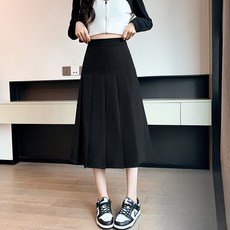 SAHINER 여성 하이웨스트 플리츠 미디 스커트 봄가을 오피스룩 캐주얼