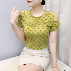 여성 라틴댄스복 어깨포인트 땡땡이무늬 반팔 방송댄스복 상의 무용복 제품 연습복 방송댄스 도트, 15.노랑 S