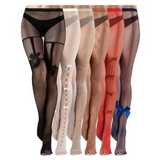 Ramede 6쌍 여성용 망사 허벅지 높이 스타킹 허리 타이츠 리본 패턴 레깅스 팬티 할로윈 블랙. 스몰-미디엄