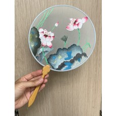 蘇繡雙面刺繡團扇 荷花圖案真絲面料手工製作, 如圖所示, 1個