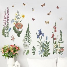 [ 1213983 ] 요브키 봄 여름 꽃 고사리 식물 벽 데칼 스티커 천연 나비 홈 침실 장식 야생화 계절 거실 주방 장식 아트, Flower Fern Plants