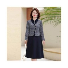 洋裝女裝連衣裙洋裝媽媽秋冬假兩件長裙小香風裙子媽媽裝連衣裙寬鬆休閒連身裙中年女裝優雅風修身套裝宴會禮服套裝, 藏青色