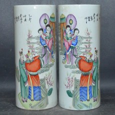 手繪粉彩 郭子儀遇仙人物帽筒一對, 如圖所示