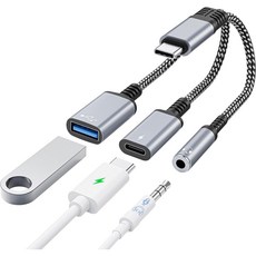 USB OTG 3.0 USB-A USB C타입 3.5 aux 이어폰 충전 동시사용 듀얼 젠더 3.5mm 헤드폰 변환 어댑터 통화 커넥터 C타입 이어폰 충전 동시 변환젠더 고속충전, 1개, 실버, 3in1커넥터