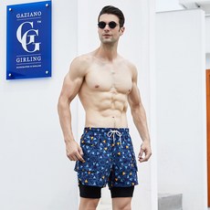 男士速乾透氣寬鬆大碼印花平角游泳褲