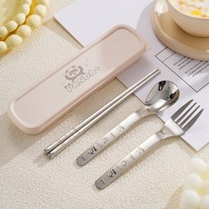 《小日子家居館》316不鏽鋼勺叉筷餐具套裝 創意卡通上班戶外便攜, 1個, 熊貓筷子[直柄款]