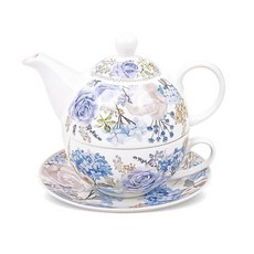 Fanquare Meadow 1인용 도자기 차 성인용 블루 및 퍼플 찻주전자 세트 세라믹 커피 컵 받침 장미 수국 포함, Tea for One