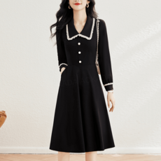 AOKADA 여성 봄 가을 슬림핏 레이스 카라넥 A라인 오피스룩 하객룩 긴팔 원피스