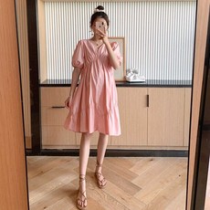 예쁜 여름 임부복 임산부 노란색 노랑 퍼프소매 반팔 롱 원피스